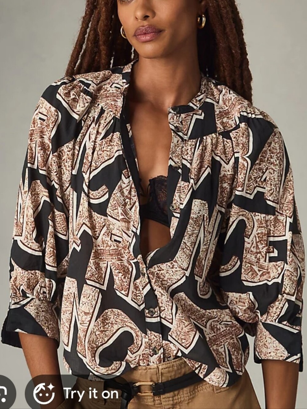 Maeve Femme Buttondown Top in Black and Brown Print
